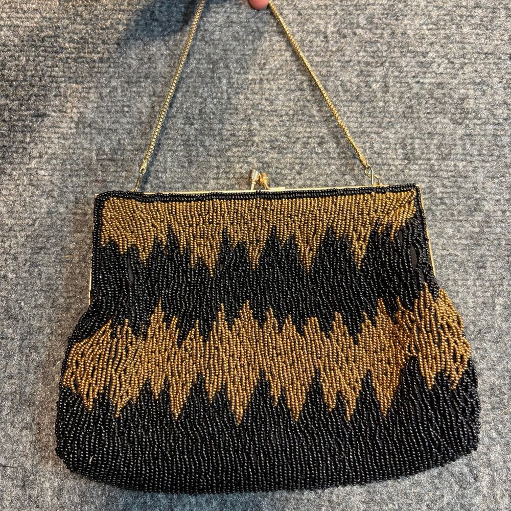 Vintage Black Gold Beaded Handbag Zigzag Geometric Evening Clutch Chain - Picture 2 of 7